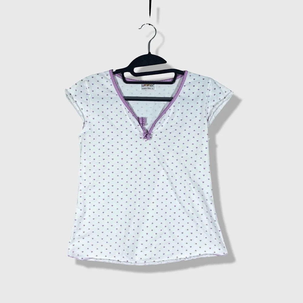Summer Heart Print Top Girls XL Fits Women S White Purple Y2K Coquette Soft Girl